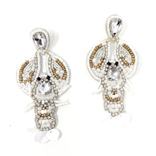 Load image into Gallery viewer, custom beaded Earrings, beaded Earrings, white Earrings, crawfish Beaded Earrings, crawfish bead earrings, gold white earrings, women earrings, Statement earrings, handmade earrings, custom earrings, bejeweled accessories, fancy accessories, white color earrings, gifts for mom, best friend gifts, birthday gifts, bohemian earrings, fancy earrings accessory, gold earrings, Fancy earrings, boho earrings, rhinestone earrings, embellished earrings, Fancy jeweled earrings