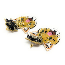 Load image into Gallery viewer, custom beaded Earrings, black gold Earrings, gold Beaded Earrings, jaguar earrings, leopard earrings, women earrings, Statement earrings, handmade earrings, custom earrings, bejeweled accessories, fancy accessories, jaguar earrings, gifts for mom, best friend gifts, birthday gifts, bohemian earrings, fancy earrings accessory, party earrings, Fancy earrings, boho earrings, rhinestone earrings, embellished earrings, Fancy jeweled earrings, party black earrings, statement earrings, best selling items