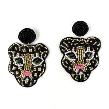 Load image into Gallery viewer, custom beaded Earrings, black gold Earrings, gold Beaded Earrings, jaguar earrings, New years earrings, women earrings, Statement earrings, handmade earrings, custom earrings, bejeweled accessories, fancy accessories, leopard earrings, gifts for mom, best friend gifts, birthday gifts, bohemian earrings, fancy earrings accessory, party earrings, Fancy earrings, boho earrings, rhinestone earrings, embellished earrings, Fancy jeweled earrings, party black earrings, statement earrings, autumn earrings