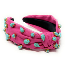 Load image into Gallery viewer, headbands for women, Wide knot headband, handmade headbands, top knotted headband, knotted headband, hair band for women, embellished headband, pink headband, bejeweled headband, luxury headband, jeweled headband for women, knotted jeweled headband, summer headband, embellished knot headband, luxury knot headband, pearly headbands, turquoise pebble headband, turquoise hair accessories, pink blue headband, boho headbands, boho jeweled headband, embellished headband, best selling items