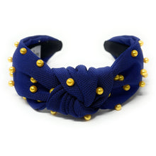 Load image into Gallery viewer, headbands for women, blue gold headband, handmade headbands, gold blue top knotted headband, blue knotted headband, hair band for women, embellished headband, pearl headband, blue headband for women, football headband, jeweled headband for women, knotted jeweled headband, Michigan wolverines headband, embellished knot headband, pearl knot headband, pearly headbands, Michigan headband, game day hair accessories, game day headband, summer headbands, royal blue headband, best selling items