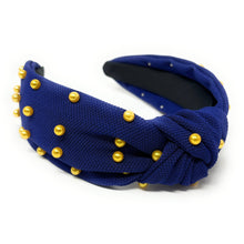 Load image into Gallery viewer, headbands for women, blue gold headband, handmade headbands, gold blue top knotted headband, blue knotted headband, hair band for women, embellished headband, pearl headband, blue headband for women, football headband, jeweled headband for women, knotted jeweled headband, Michigan wolverines headband, embellished knot headband, pearl knot headband, pearly headbands, Michigan headband, game day hair accessories, game day headband, summer headbands, royal blue headband, best selling items