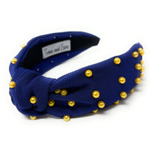 Load image into Gallery viewer, headbands for women, blue gold headband, handmade headbands, gold blue top knotted headband, blue knotted headband, hair band for women, embellished headband, pearl headband, blue headband for women, football headband, jeweled headband for women, knotted jeweled headband, Michigan wolverines headband, embellished knot headband, pearl knot headband, pearly headbands, Michigan headband, game day hair accessories, game day headband, summer headbands, royal blue headband, best selling items