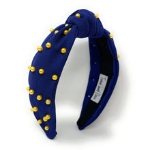 Load image into Gallery viewer, headbands for women, blue gold headband, handmade headbands, gold blue top knotted headband, blue knotted headband, hair band for women, embellished headband, pearl headband, blue headband for women, football headband, jeweled headband for women, knotted jeweled headband, Michigan wolverines headband, embellished knot headband, pearl knot headband, pearly headbands, Michigan headband, game day hair accessories, game day headband, summer headbands, royal blue headband, best selling items