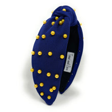 Load image into Gallery viewer, headbands for women, blue gold headband, handmade headbands, gold blue top knotted headband, blue knotted headband, hair band for women, embellished headband, pearl headband, blue headband for women, football headband, jeweled headband for women, knotted jeweled headband, Michigan wolverines headband, embellished knot headband, pearl knot headband, pearly headbands, Michigan headband, game day hair accessories, game day headband, summer headbands, royal blue headband, best selling items