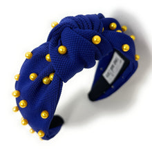 Load image into Gallery viewer, headbands for women, blue gold headband, handmade headbands, gold blue top knotted headband, blue knotted headband, hair band for women, embellished headband, pearl headband, blue headband for women, football headband, jeweled headband for women, knotted jeweled headband, Michigan wolverines headband, embellished knot headband, pearl knot headband, pearly headbands, Michigan headband, game day hair accessories, game day headband, summer headbands, royal blue headband, best selling items