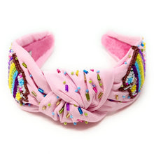 Load image into Gallery viewer, headband for women, sprinkles Knotted headband, headbands for women, birthday headbands, top knot headband, sprinkles top knot headband, rainbow headband, sprinkles hair band, trendy headbands, top knotted headband, statement headbands, top knotted headband, knotted headband, party headbands, trendy headband, fashion headbands, embellished headband, rhinestone headband, gemstone headband for women, luxury headband, jeweled headband for women, jeweled knot headband, happy birthday headbands
