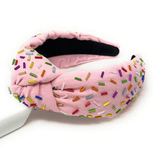 Load image into Gallery viewer, headband for women, sprinkles Knotted headband, headbands for women, birthday headbands, top knot headband, sprinkles top knot headband, rainbow headband, sprinkles hair band, trendy headbands, top knotted headband, statement headbands, top knotted headband, knotted headband, party headbands, trendy headband, fashion headbands, embellished headband, rhinestone headband, gemstone headband for women, luxury headband, jeweled headband for women, jeweled knot headband, happy birthday headbands