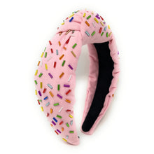 Load image into Gallery viewer, headband for women, sprinkles Knotted headband, headbands for women, birthday headbands, top knot headband, sprinkles top knot headband, rainbow headband, sprinkles hair band, trendy headbands, top knotted headband, statement headbands, top knotted headband, knotted headband, party headbands, trendy headband, fashion headbands, embellished headband, rhinestone headband, gemstone headband for women, luxury headband, jeweled headband for women, jeweled knot headband, happy birthday headbands