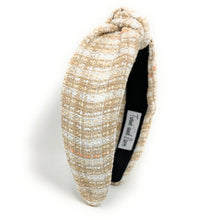 Load image into Gallery viewer, headbands for women, tweed headband, handmade headbands, top knotted headband, knotted headband, hair band for women, ivory headband, tweed headband, neutral headband for women, winter headband, tweed knot headband for women, knotted jeweled headband, bling headband, fall winter knot headband, luxury knot headband, plaid tweed headband, tweed knotted headband, fall hair accessories, soft beige tweed, neutral tweed, winter headbands, neutral tweed headband, tweed plaid headband, tweed accessories