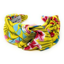 Load image into Gallery viewer, headbands for women, Yellow wide knot headband, handmade headbands, yellow top knotted headband, yellow  knotted headband, hair band for women, embellished headband, floral headband, floral headband for women, summer headband, jeweled headband for women, knotted jeweled headband, wide floral headband, summer knot headband, wide headband, knotted headbands, yellow headband, game day hair accessories, game day headband, summer headbands, yellow blue headband, best selling items