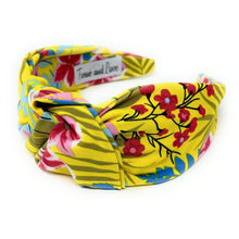 Load image into Gallery viewer, headbands for women, Yellow wide knot headband, handmade headbands, yellow top knotted headband, yellow  knotted headband, hair band for women, embellished headband, floral headband, floral headband for women, summer headband, jeweled headband for women, knotted jeweled headband, wide floral headband, summer knot headband, wide headband, knotted headbands, yellow headband, game day hair accessories, game day headband, summer headbands, yellow blue headband, best selling items