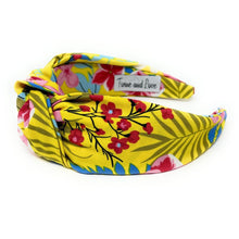Load image into Gallery viewer, headbands for women, Yellow wide knot headband, handmade headbands, yellow top knotted headband, yellow  knotted headband, hair band for women, embellished headband, floral headband, floral headband for women, summer headband, jeweled headband for women, knotted jeweled headband, wide floral headband, summer knot headband, wide headband, knotted headbands, yellow headband, game day hair accessories, game day headband, summer headbands, yellow blue headband, best selling items