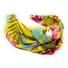 Load image into Gallery viewer, headbands for women, Yellow wide knot headband, handmade headbands, yellow top knotted headband, yellow  knotted headband, hair band for women, embellished headband, floral headband, floral headband for women, summer headband, jeweled headband for women, knotted jeweled headband, wide floral headband, summer knot headband, wide headband, knotted headbands, yellow headband, game day hair accessories, game day headband, summer headbands, yellow blue headband, best selling items