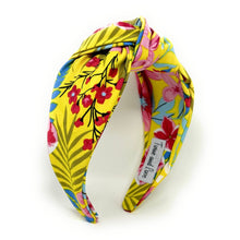 Load image into Gallery viewer, headbands for women, Yellow wide knot headband, handmade headbands, yellow top knotted headband, yellow  knotted headband, hair band for women, embellished headband, floral headband, floral headband for women, summer headband, jeweled headband for women, knotted jeweled headband, wide floral headband, summer knot headband, wide headband, knotted headbands, yellow headband, game day hair accessories, game day headband, summer headbands, yellow blue headband, best selling items
