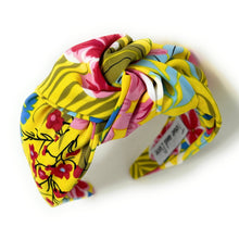 Load image into Gallery viewer, headbands for women, Yellow wide knot headband, handmade headbands, yellow top knotted headband, yellow  knotted headband, hair band for women, embellished headband, floral headband, floral headband for women, summer headband, jeweled headband for women, knotted jeweled headband, wide floral headband, summer knot headband, wide headband, knotted headbands, yellow headband, game day hair accessories, game day headband, summer headbands, yellow blue headband, best selling items