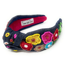 Load image into Gallery viewer, headband for women, Multicolor Knot headband, summer headband, summer knotted headband, summer top knot headband, Summer top knotted headband, multi color knotted headband, Summer hair band, beaded colorful headband, multicolor floral headband, dark denim headband, top knotted headband, knotted headband, denim lover gifts, Beaded embellished headband, luxury headband, Birthday gifts, Summer Knot headband, Summer knot embellished headband, denim knot headband