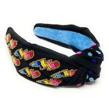 Load image into Gallery viewer, headband for women, Multicolor Knot headband, summer headband, summer knotted headband, summer top knot headband, Summer top knotted headband, multi color knotted headband, Summer hair band, beaded colorful headband, multicolor lightning bolt headband, lightning bolt headband, top knotted headband, knotted headband, rainbow lightning bolt lover gifts, Beaded embellished headband, luxury headband, Birthday gifts, Summer Knot headband, Summer knot embellished headband, lightning bolt knot headband