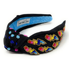 Load image into Gallery viewer, headband for women, Multicolor Knot headband, summer headband, summer knotted headband, summer top knot headband, Summer top knotted headband, multi color knotted headband, Summer hair band, beaded colorful headband, multicolor lightning bolt headband, lightning bolt headband, top knotted headband, knotted headband, rainbow lightning bolt lover gifts, Beaded embellished headband, luxury headband, Birthday gifts, Summer Knot headband, Summer knot embellished headband, lightning bolt knot headband