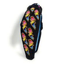 Load image into Gallery viewer, headband for women, Multicolor Knot headband, summer headband, summer knotted headband, summer top knot headband, Summer top knotted headband, multi color knotted headband, Summer hair band, beaded colorful headband, multicolor lightning bolt headband, lightning bolt headband, top knotted headband, knotted headband, rainbow lightning bolt lover gifts, Beaded embellished headband, luxury headband, Birthday gifts, Summer Knot headband, Summer knot embellished headband, lightning bolt knot headband