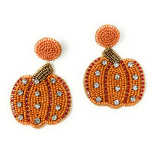 Load image into Gallery viewer, pumpkin beaded Earrings, autumn Earrings, Autumn bead Earrings, Fall Earrings, earrings for Thanksgiving, Thanksgiving earrings, pumpkin earrings, Unique earrings, pumpkin bead earrings, Autumn jewelry, statement earrings, Fall pumpkin earrings, Fall beaded earrings, Autumn jewelry, Holiday earrings, pumpkin earrings, custom designs, orange earrings, dangling earrings, unique earrings, Thanksgiving accessories, Autumn accessories, Autumn brown earrings, Fall fashion