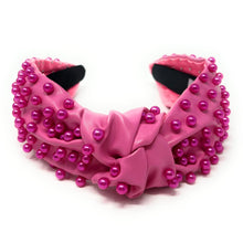 Load image into Gallery viewer, headband for women, fashion headbands, womens headband, headbands for women, stylish headbands, headband style, top knot headband, vegan top knot headband, head band, hair band, trendy headbands, top knotted headband, neutral headband, summer headbands, handmade headbands, top knotted headband, knotted headband, head band, hair band for women, statement headbands, Fall headbands, hair accessories, twist knotted headband, pearly knot headband, leather headband, pearl headband, cluster pearl headband