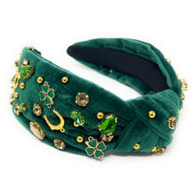 Load image into Gallery viewer, headbands for women, green knotted headband, headband style, top knot headband, green top knot headband, lucky charm jeweled headband, lucky charm hair band, green Jeweled knot headband, St Patrick’s Jeweled headband, top knotted headband, hand bead knotted headband, Clover leaf hair band for women, St Patrick’s Embellished headband, statement headbands, embellished headband, chic headband, clover leaf knot headband, st paddy’s headband, green hair accessories, shamrock clover headband