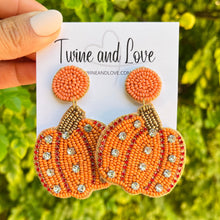 Load image into Gallery viewer, pumpkin beaded Earrings, autumn Earrings, Autumn bead Earrings, Fall Earrings, earrings for Thanksgiving, Thanksgiving earrings, pumpkin earrings, Unique earrings, pumpkin bead earrings, Autumn jewelry, statement earrings, Fall pumpkin earrings, Fall beaded earrings, Autumn jewelry, Holiday earrings, pumpkin earrings, custom designs, orange earrings, dangling earrings, unique earrings, Thanksgiving accessories, Autumn accessories, Autumn brown earrings, Fall fashion