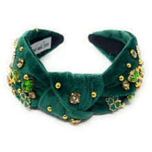 Load image into Gallery viewer, headbands for women, green knotted headband, headband style, top knot headband, green top knot headband, lucky charm jeweled headband, lucky charm hair band, green Jeweled knot headband, St Patrick’s Jeweled headband, top knotted headband, hand bead knotted headband, Clover leaf hair band for women, St Patrick’s Embellished headband, statement headbands, embellished headband, chic headband, clover leaf knot headband, st paddy’s headband, green hair accessories, shamrock clover headband