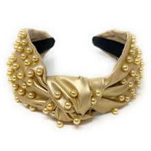 Load image into Gallery viewer, headband for women, vegan headbands, metallic knot headband, headbands for women, stylish headbands, headband style, top knot headband, woven top knot headband, head band, hair band, trendy headbands, top knotted headband, neutral headband, wide leather headbands, pu leather headbands, vegan top knotted headband, knotted headband, head band, hair band for women, statement headbands, twist knotted headband, pearly knot headband, leather headband, pearl headband, cluster pearl headband, shimmery headband
