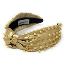 Load image into Gallery viewer, headband for women, vegan headbands, metallic knot headband, headbands for women, stylish headbands, headband style, top knot headband, woven top knot headband, head band, hair band, trendy headbands, top knotted headband, neutral headband, wide leather headbands, pu leather headbands, vegan top knotted headband, knotted headband, head band, hair band for women, statement headbands, twist knotted headband, pearly knot headband, leather headband, pearl headband, cluster pearl headband, shimmery headband