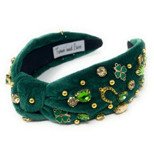 Load image into Gallery viewer, headbands for women, green knotted headband, headband style, top knot headband, green top knot headband, lucky charm jeweled headband, lucky charm hair band, green Jeweled knot headband, St Patrick’s Jeweled headband, top knotted headband, hand bead knotted headband, Clover leaf hair band for women, St Patrick’s Embellished headband, statement headbands, embellished headband, chic headband, clover leaf knot headband, st paddy’s headband, green hair accessories, shamrock clover headband