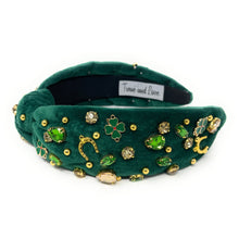 Load image into Gallery viewer, headbands for women, green knotted headband, headband style, top knot headband, green top knot headband, lucky charm jeweled headband, lucky charm hair band, green Jeweled knot headband, St Patrick’s Jeweled headband, top knotted headband, hand bead knotted headband, Clover leaf hair band for women, St Patrick’s Embellished headband, statement headbands, embellished headband, chic headband, clover leaf knot headband, st paddy’s headband, green hair accessories, shamrock clover headband