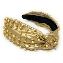 Load image into Gallery viewer, headband for women, vegan headbands, metallic knot headband, headbands for women, stylish headbands, headband style, top knot headband, woven top knot headband, head band, hair band, trendy headbands, top knotted headband, neutral headband, wide leather headbands, pu leather headbands, vegan top knotted headband, knotted headband, head band, hair band for women, statement headbands, twist knotted headband, pearly knot headband, leather headband, pearl headband, cluster pearl headband, shimmery headband