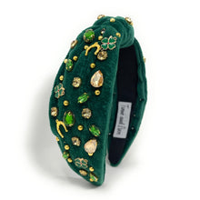 Load image into Gallery viewer, headbands for women, green knotted headband, headband style, top knot headband, green top knot headband, lucky charm jeweled headband, lucky charm hair band, green Jeweled knot headband, St Patrick’s Jeweled headband, top knotted headband, hand bead knotted headband, Clover leaf hair band for women, St Patrick’s Embellished headband, statement headbands, embellished headband, chic headband, clover leaf knot headband, st paddy’s headband, green hair accessories, shamrock clover headband