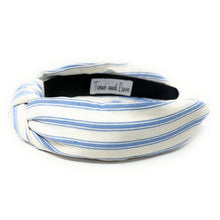 Load image into Gallery viewer, headband for women, denim knot headband, headbands for women, stylish headbands, white blue denim headband, top knot headband, denim top knot headband, striped denim headband, denim hairband, trendy headbands, handmade headbands, top knotted headband, knotted headband, trendy headband, fashion headbands, light denim headband, blue striped headband, striped headband for women, white headband, denim headband for women, denim headband, best selling items, summer headband