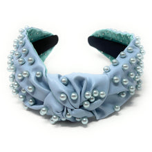 Load image into Gallery viewer, headband for women, fashion headbands, womens headband, headbands for women, stylish headbands, headband style, top knot headband, vegan top knot headband, head band, hair band, trendy headbands, top knotted headband, neutral headband, summer headbands, handmade headbands, top knotted headband, knotted headband, head band, hair band for women, statement headbands, Fall headbands, lavender hair accessories, gender reveal knotted headband, pearly knot headband, baby shower headband