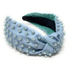 Load image into Gallery viewer, headband for women, fashion headbands, womens headband, headbands for women, stylish headbands, headband style, top knot headband, vegan top knot headband, head band, hair band, trendy headbands, top knotted headband, neutral headband, summer headbands, handmade headbands, top knotted headband, knotted headband, head band, hair band for women, statement headbands, Fall headbands, lavender hair accessories, gender reveal knotted headband, pearly knot headband, baby shower headband