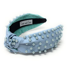 Load image into Gallery viewer, headband for women, fashion headbands, womens headband, headbands for women, stylish headbands, headband style, top knot headband, vegan top knot headband, head band, hair band, trendy headbands, top knotted headband, neutral headband, summer headbands, handmade headbands, top knotted headband, knotted headband, head band, hair band for women, statement headbands, Fall headbands, lavender hair accessories, gender reveal knotted headband, pearly knot headband, baby shower headband