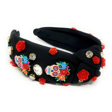 Load image into Gallery viewer, Halloween Jeweled Headband, Halloween Knotted Headband, dia de los Muertos accessories, Black Headband, Day of the Death Hair Accessories, La Catrina Headband, Best Seller, headbands for women, Sugar Skull headband, knotted headband, Halloween gifts, halloween knot Headband, candy corn accessories, Halloween headband, Halloween headband, Statement headband, Dia de los Muertos gifts, jeweled knot headband, Jeweled headband, Catrina Embellished headband, Day of the Death embellished headband