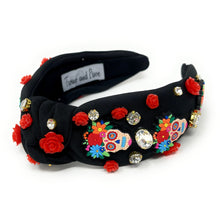 Load image into Gallery viewer, Halloween Jeweled Headband, Halloween Knotted Headband, dia de los Muertos accessories, Black Headband, Day of the Death Hair Accessories, La Catrina Headband, Best Seller, headbands for women, Sugar Skull headband, knotted headband, Halloween gifts, halloween knot Headband, candy corn accessories, Halloween headband, Halloween headband, Statement headband, Dia de los Muertos gifts, jeweled knot headband, Jeweled headband, Catrina Embellished headband, Day of the Death embellished headband