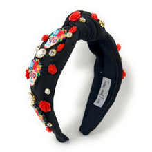 Load image into Gallery viewer, Halloween Jeweled Headband, Halloween Knotted Headband, dia de los Muertos accessories, Black Headband, Day of the Death Hair Accessories, La Catrina Headband, Best Seller, headbands for women, Sugar Skull headband, knotted headband, Halloween gifts, halloween knot Headband, candy corn accessories, Halloween headband, Halloween headband, Statement headband, Dia de los Muertos gifts, jeweled knot headband, Jeweled headband, Catrina Embellished headband, Day of the Death embellished headband