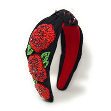 Load image into Gallery viewer, headband for women, red roses Knot headband, Kentucky Derby lover headband, Derby knotted headband, Kentucky Derby top knot headband, Garland of Roses top knotted headband, Dia de los muertos knotted headband, Kentucky Derby hair band, beaded Roses knot headband, red Roses headband, statement headbands, top knotted headband, knotted headband, Kentucky lover gifts, Kentucky derby embellished headband, luxury headband, baseball fan gifts, jeweled knot headband, knot embellished headband
