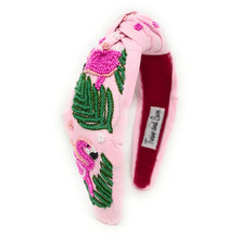 Load image into Gallery viewer, headband for women, flamingo Knot headband, flamingo headbands, Flamingo knotted headband, summer top knot headband, beige top knot headband, beige knotted headband, flamingo hair band, Flamingo party, beaded flamingo knot headband, statement headbands, top knotted headband, knotted headband, mom to be gifts, flamingo embellished headband, gemstone knot headband, luxury headband, embellished knot headband, jeweled knot headband, Summer knot headbands, flamingo party favors, Pink Flamingo headband