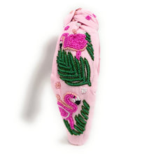 Load image into Gallery viewer, headband for women, flamingo Knot headband, flamingo headbands, Flamingo knotted headband, summer top knot headband, beige top knot headband, beige knotted headband, flamingo hair band, Flamingo party, beaded flamingo knot headband, statement headbands, top knotted headband, knotted headband, mom to be gifts, flamingo embellished headband, gemstone knot headband, luxury headband, embellished knot headband, jeweled knot headband, Summer knot headbands, flamingo party favors, Pink Flamingo headband