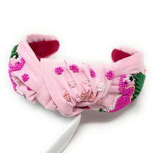 Load image into Gallery viewer, headband for women, flamingo Knot headband, flamingo headbands, Flamingo knotted headband, summer top knot headband, beige top knot headband, beige knotted headband, flamingo hair band, Flamingo party, beaded flamingo knot headband, statement headbands, top knotted headband, knotted headband, mom to be gifts, flamingo embellished headband, gemstone knot headband, luxury headband, embellished knot headband, jeweled knot headband, Summer knot headbands, flamingo party favors, Pink Flamingo headband
