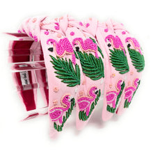 Load image into Gallery viewer, headband for women, flamingo Knot headband, flamingo headbands, Flamingo knotted headband, summer top knot headband, beige top knot headband, beige knotted headband, flamingo hair band, Flamingo party, beaded flamingo knot headband, statement headbands, top knotted headband, knotted headband, mom to be gifts, flamingo embellished headband, gemstone knot headband, luxury headband, embellished knot headband, jeweled knot headband, Summer knot headbands, flamingo party favors, Pink Flamingo headband