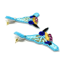 Load image into Gallery viewer, custom beaded Earrings, jeweled Earrings, hummingbird Beaded Earrings, blue earrings, blue jeweled earrings, handmade earrings, custom earrings, resort accessories, fancy accessories, hummingbird earrings, custom earrings, best friend gifts, birthday gifts, bohemian earrings, luxurious handmade accessories, party earrings, Fancy earrings, boho earrings, beaded earrings, white embellished earrings, Fancy jeweled earrings, bird earrings, statement earrings, best selling items