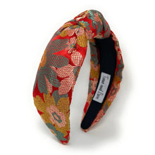 Load image into Gallery viewer, headband for woman, fashion headbands, womens headband, headbands for women, stylish headbands, headband style, top knot headband, woven top knot headband, head band, hair band, trendy headbands, raffia woven headband, women top knot headband, summer headbands, beige headband, beige top knot headband, handmade headbands, top knotted headband, knotted headband, oriental print headband, red top knotted headband, fall headbands, floral print headbands, vintage headbands, best selling items