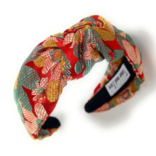 Load image into Gallery viewer, headband for woman, fashion headbands, womens headband, headbands for women, stylish headbands, headband style, top knot headband, woven top knot headband, head band, hair band, trendy headbands, raffia woven headband, women top knot headband, summer headbands, beige headband, beige top knot headband, handmade headbands, top knotted headband, knotted headband, oriental print headband, red top knotted headband, fall headbands, floral print headbands, vintage headbands, best selling items